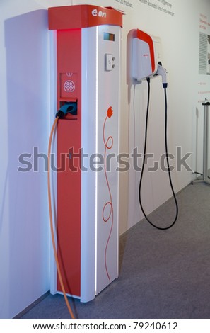 ESSEN, GERMANY - MAY, 05: - Two Prototypes of energy-service-stations, built to charge electric-cars, are shown on E.ON\'s annual general meeting on May 5, 2011 in Essen, Germany.
