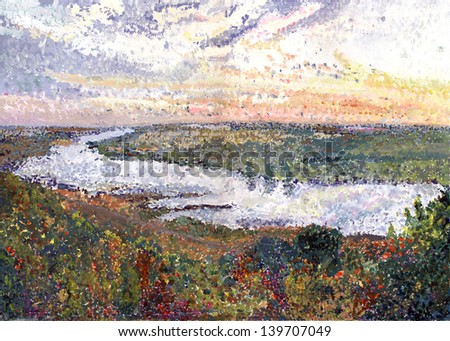 River landscape. River Tom. Russia. Siberia. Gouache painting. Pointillism. End of summer