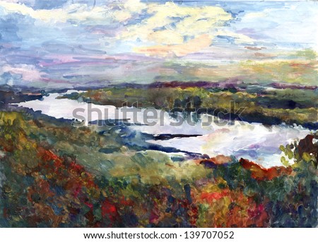 River landscape. River Tom. Russia. Siberia.  Gouache painting. End of summer