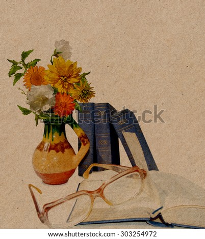 Grunge postcard. Vase with flowers, books, glasses and open book