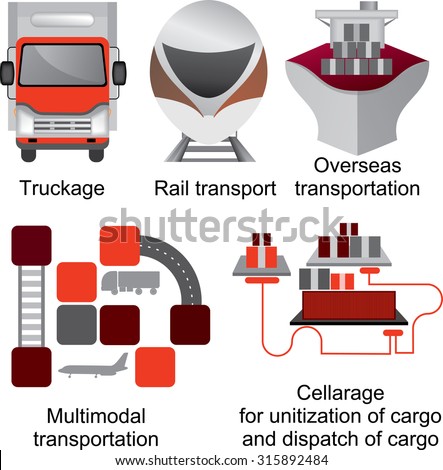 Red-grey logistics icons. Truck, rail transport, overseas transportation, multimodal transportation. Cellarage for unitization of cargo and dispatch of cargo. Cargo association