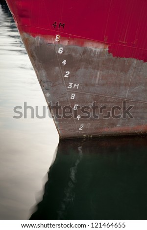Water level measurement on a ship. Red ship waterline abstract close up