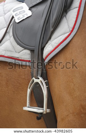 Close-up of a stirrup part of an english classic riding saddle on a brown horse at a three day Eventing Competition