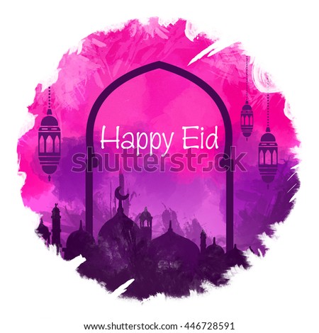 happy Eid, Eid Mubarak beautiful greeting card With Pink and Purple digital art background