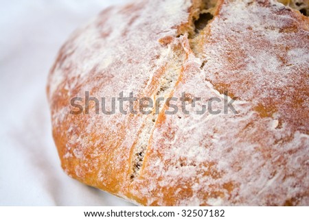 Closeup of fresh-baked whole-wheat bread on a white cotton cloth.