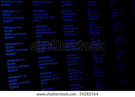 Close-up of a list of files and folders on black computer screen.