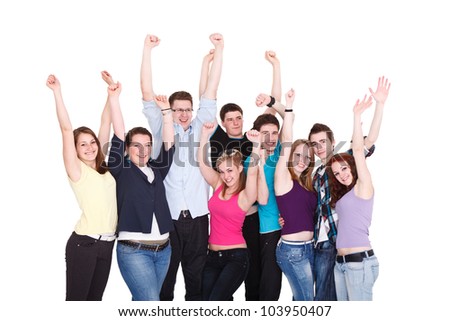 group of young people happy excited smiling friends standing and holding hands up