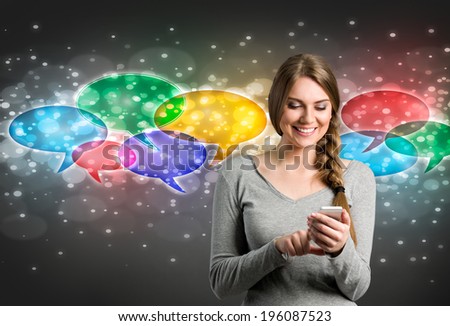 Girl smiling and chatting via smartphone with chat clouds in background