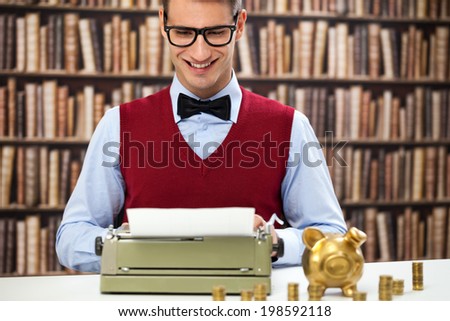 Vintage accountant with typewriter, money and piggy bank