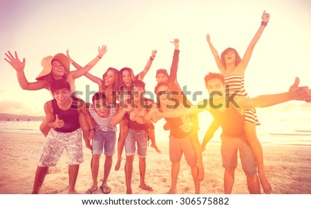 happy people on beach, summer, holidays, vacation,