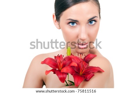 healthy woman with red lily on white background