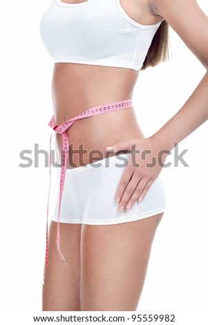 female body with measure tape,  healthy life, isolated on white background