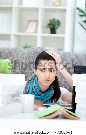 Upset student girl worry because stack  of books, face expression, isolated