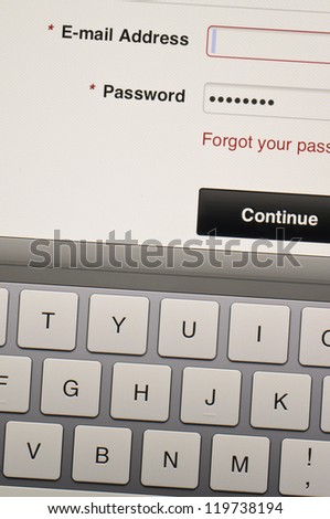 Log-in with email and password on computer screen