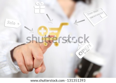 Woman hand push on technology virtual touch screen interface