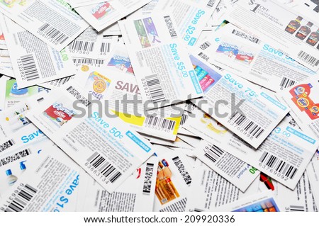 COQUITLAM, BC, CANADA - MAY 8 - Coquitlam BC Canada - May 8, 2014 : Coupons background. All coupons for Canadian store, they are issued by manufacturers of consumer packaged goods Canada.