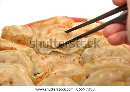 Eating fired chinese dumplings