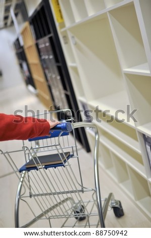 Woman pushing shopping cart in furniture store