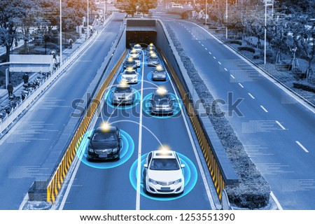 Smart car (HUD) , Autonomous self-driving mode vehicle on metro city road iot concept with graphic sensor radar signal system and internet sensor connect.