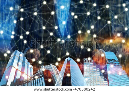 Fintech technology and Blockchain network concept , Distributed ledger technology , building , man suit and Distributed connection with abstract binary background