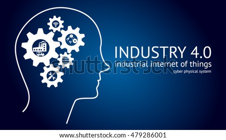 Industry 4.0 Cyber Physical Systems concept, , Human head with brain gears and industry icons and text with blue background , vector