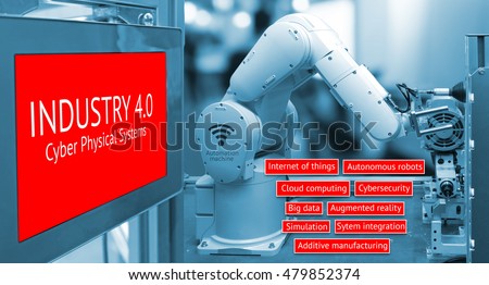 Industry 4.0 concept image , Cyber Physical Systems concept , Automate wireless Robot arm and industrial display instruments in smart factory and industry 4.0 text  background