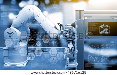 Industry 4.0 concept .Industry graphic sign and blue tone of automate wireless Robot arm in smart factory background. Double exposure , flare light