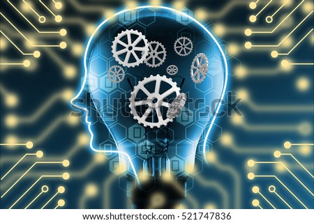Industry 4.0 , Machine learning and artificial intelligence concept. Robot brain with gears connection. Light bulb and Electric circuits graphic background