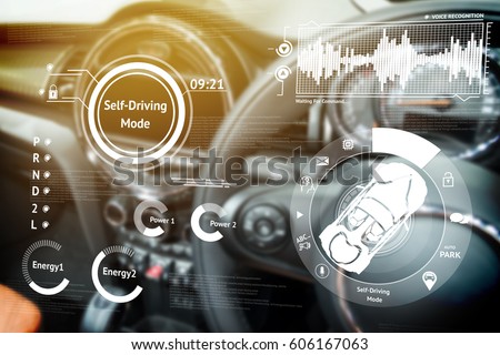 Smart car (HUD) concept. Empty cockpit in vehicle and Self-Driving mode car graphic screen with flare light