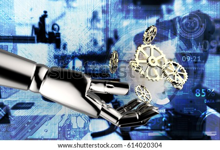 Industrial internet of things , industry 4.0 , artificial intelligence and deep learning concept. Robot hand holding gears with blue blur robotic abstract electric circuit board graphic background.