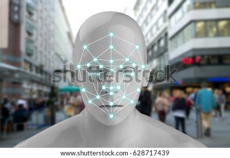 Machine learning systems , accurate facial recognition biometric technology and artificial intelligence concept. 3D Rendering of Man face and dots connect on face with blur city background.