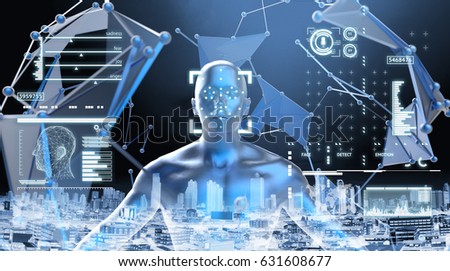 Machine learning systems , accurate facial recognition biometric technology and artificial intelligence deep learning concept. 3D Rendering of Man face and dots connect with city background.