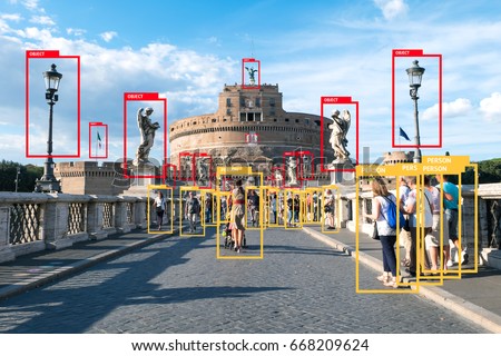 Machine Learning analytics identify person and object technology , Artificial intelligence concept. Software ui analytics and recognition people in city with flare light effect (blur all human face)