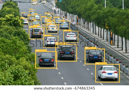 Machine learning analytics identify vehicles technology , Artificial intelligence concept. Software ui analytics and recognition cars vehicles in city.