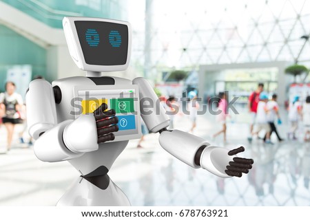 Robotics Trends technology business concept. Autonomous personal assistant robot for navigation direction and items in museum blur background.
