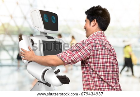 Friendly autonomous robot assistant and male people say hello each other. Robotics Trends technology and business concept.  3D rendering