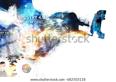 Digital transformation of internet of things (iot) technology disruption in world industrial to industry 4.0 concept. Graphic of Automated robot machine graphic , gears connect.