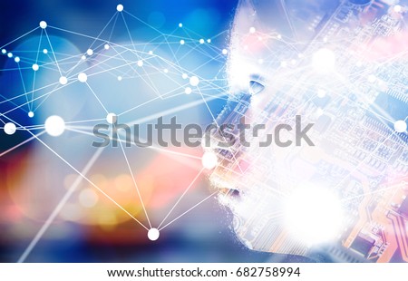 Digital transformation of artificial intelligence (ai) technology disruption .Neural networks connect atoms , 3d rendering of robot human and electronic circuit board.