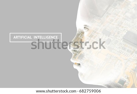 Digital transformation of artificial intelligence (ai) technology disruption .Neural networks connect atoms , 3d rendering of robot human and electronic circuit board.