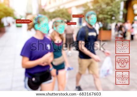 Machine learning systems , artificial intelligence (ai) and accurate facial recognition detection technology concept. Blur people with search match found application.