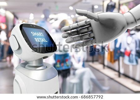 Smart retail sales and crm robot assistant or adviser technology concept. 3D rendering robot hand show robo-advisor display text on screen with blur shopping fashion mall background.