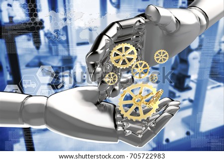 Robots , artificial intelligence disruptive and destroy human jobs. Industrial revolution , industry 4.0 technology concept 3d rendering robot hands and gears with smart factory blur blue background.
