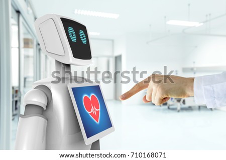 Robotic advisor service technology in healthcare smart hospital , artificial intelligence concept. Doctor finger point to 3d rendering robot.