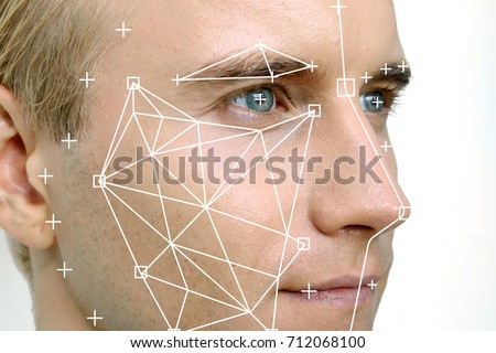 Machine learning systems technology , accurate facial recognition biometric technology and artificial intelligence concept. Man face and dots connect on face.