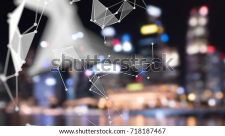 Big data , iot , artificial intelligence (ai) technology every where , smart city technology concept. Neural networks connect atoms and blur night bokeh light building. 3d Rendering.