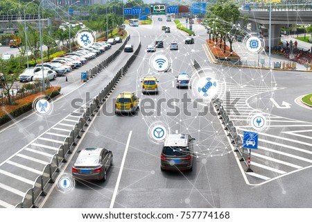 Smart car , Autonomous self-driving mode vehicle on metro city road iot concept with graphic sensor radar signal system and internet sensor connect.
