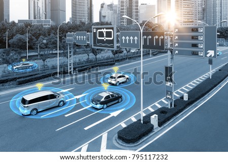 Smart car (HUD) , iot , Autonomous self-driving mode vehicle on metro city road iot concept with graphic sensor radar signal system and internet sensor connect. Blue tone image.