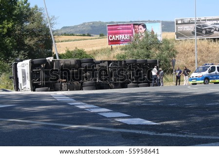 PAMPLONA, SPAIN - JUNE 25: A trailer overturns in the rotunda of the municipal slaughter house of Pamplona on June 25, 2010 in Pamplona, Spain.