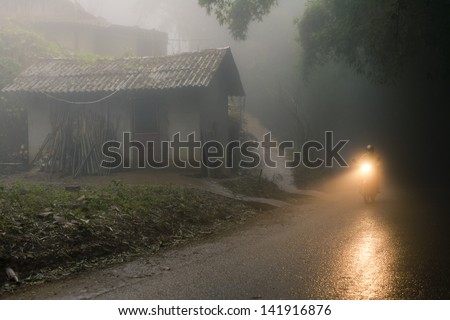 Person on bike riding through the misty forest