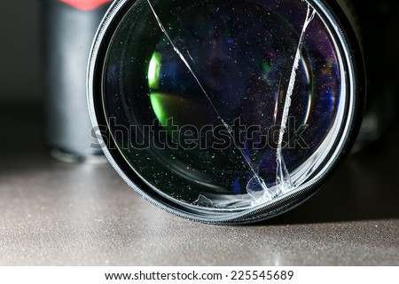 Broken DSLR camera lens filter glass
